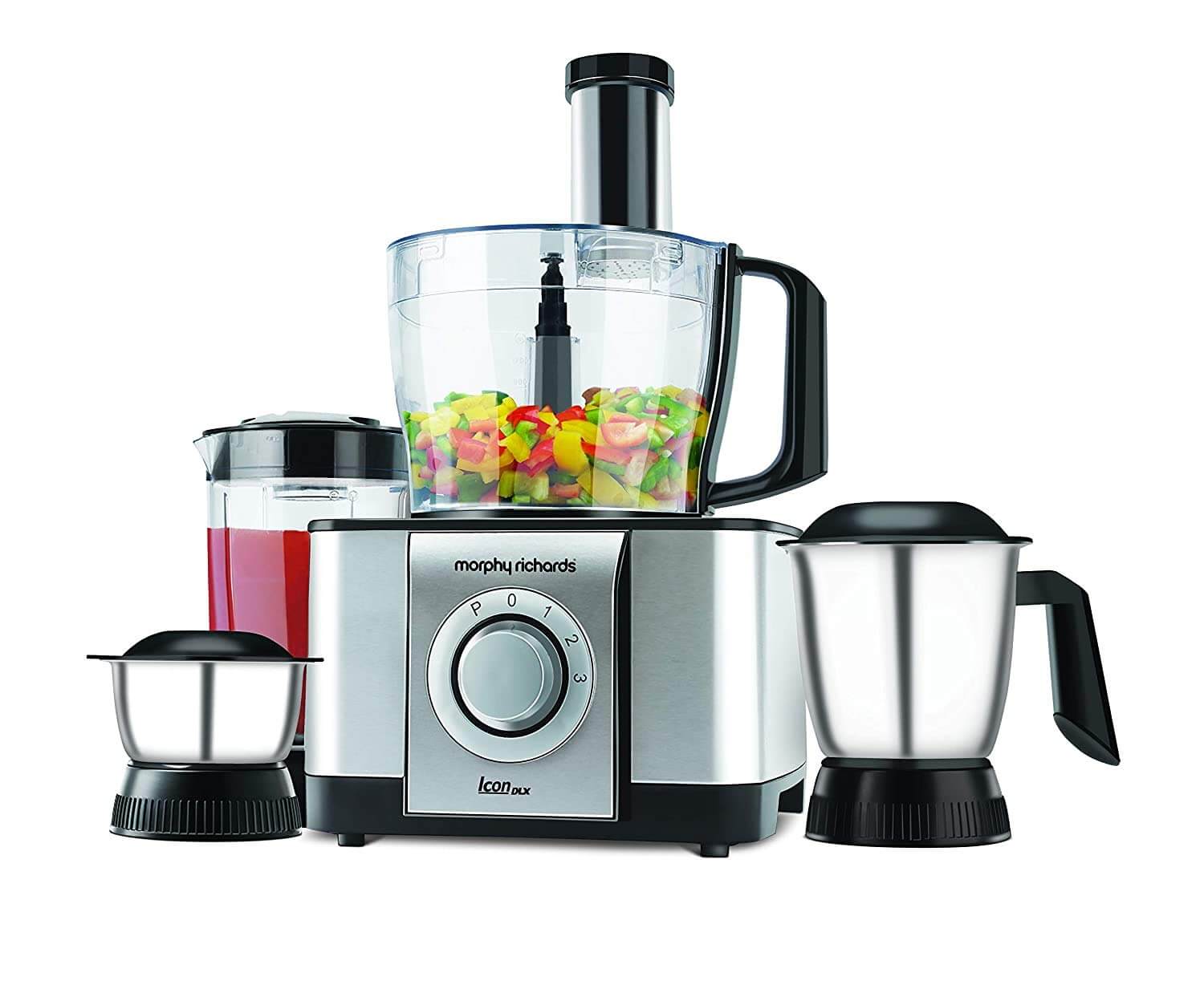 Front view of Morphy Richards Icon DLX Food Processor in silver.