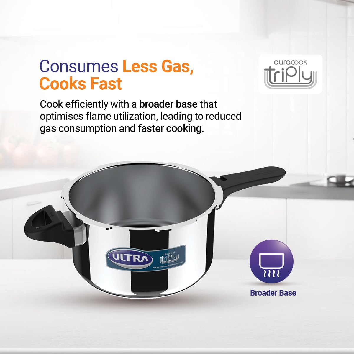 Ultra Duracook Triply Pressure Cooker, Food Grade SS 304, Induction Compatible, 5-Year Warranty