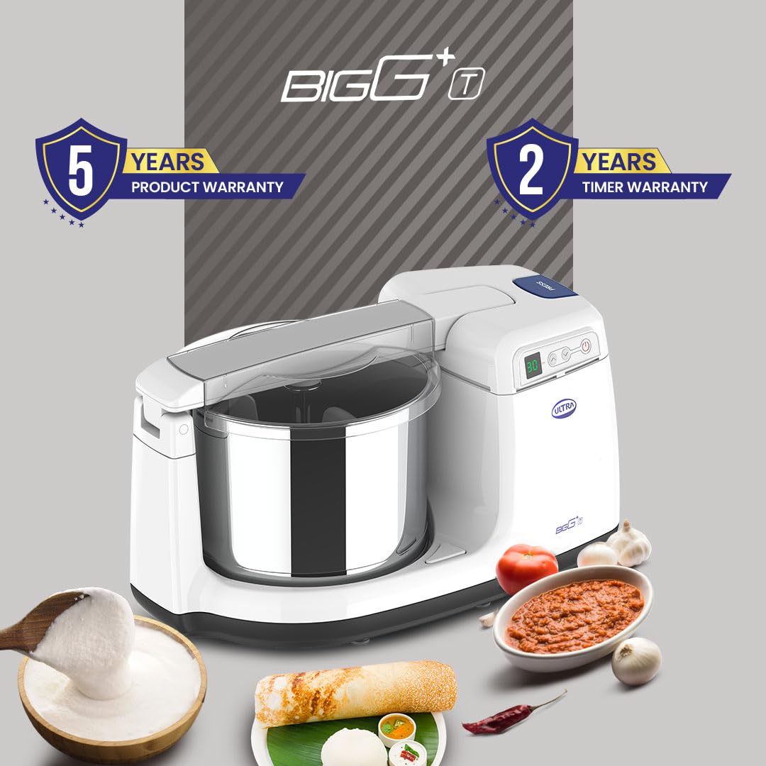 Ultra BIGG+ Timer 2.5L Wet Grinder with digital timer and patented conical stones in white color.