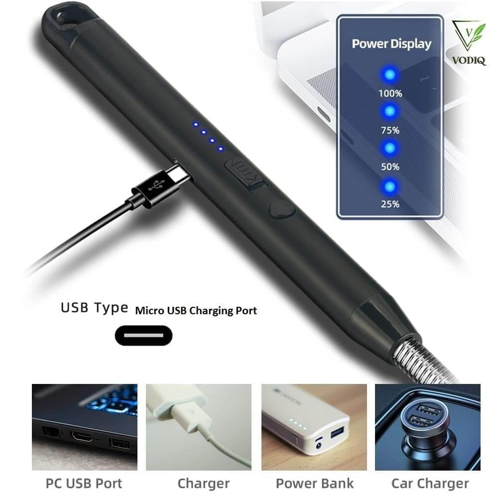 USB rechargeable electric lighter with power display and micro USB charging port, ideal for safe ignition.