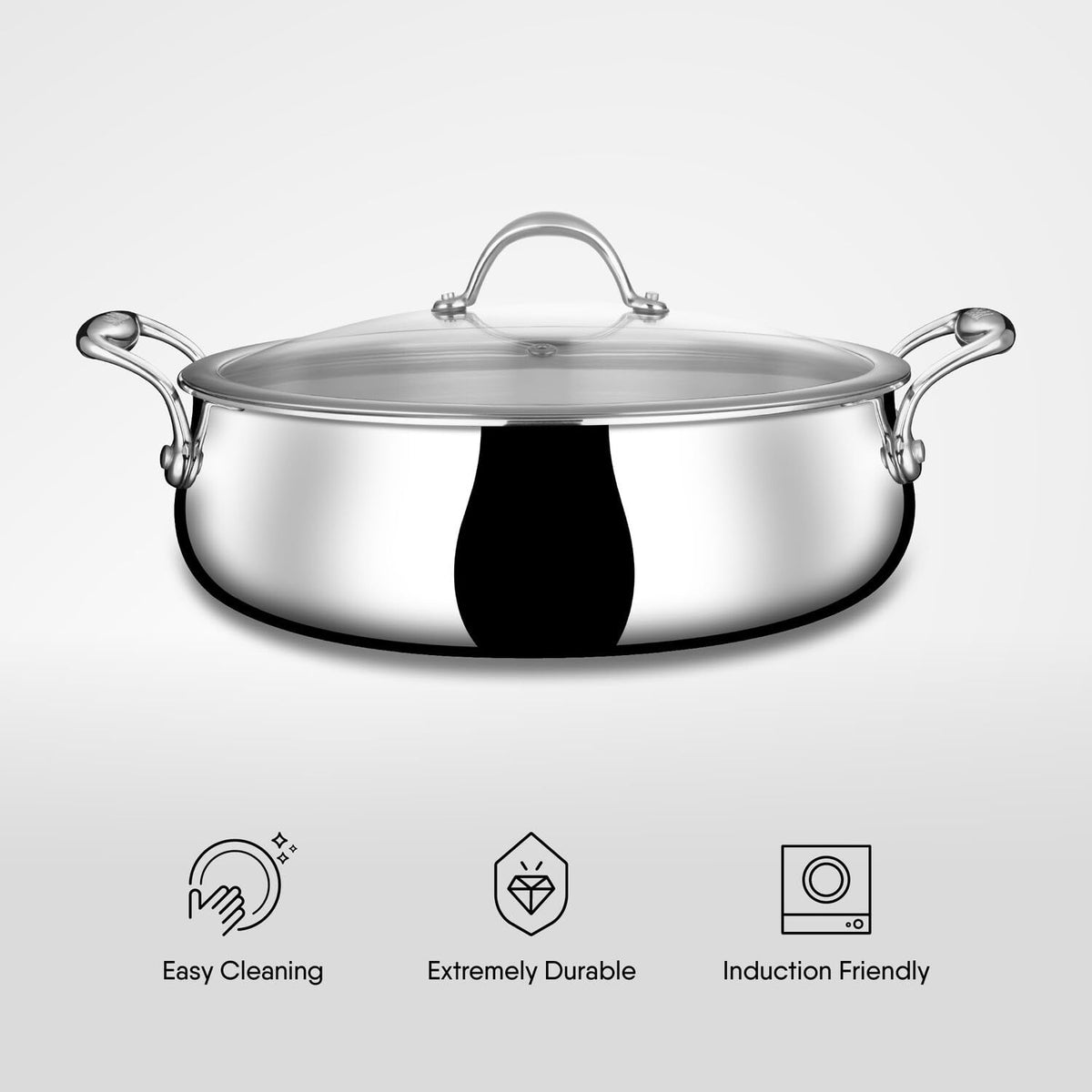 Stahl Triply Steel Biryani Handi with Stainless Steel & Glass Lids