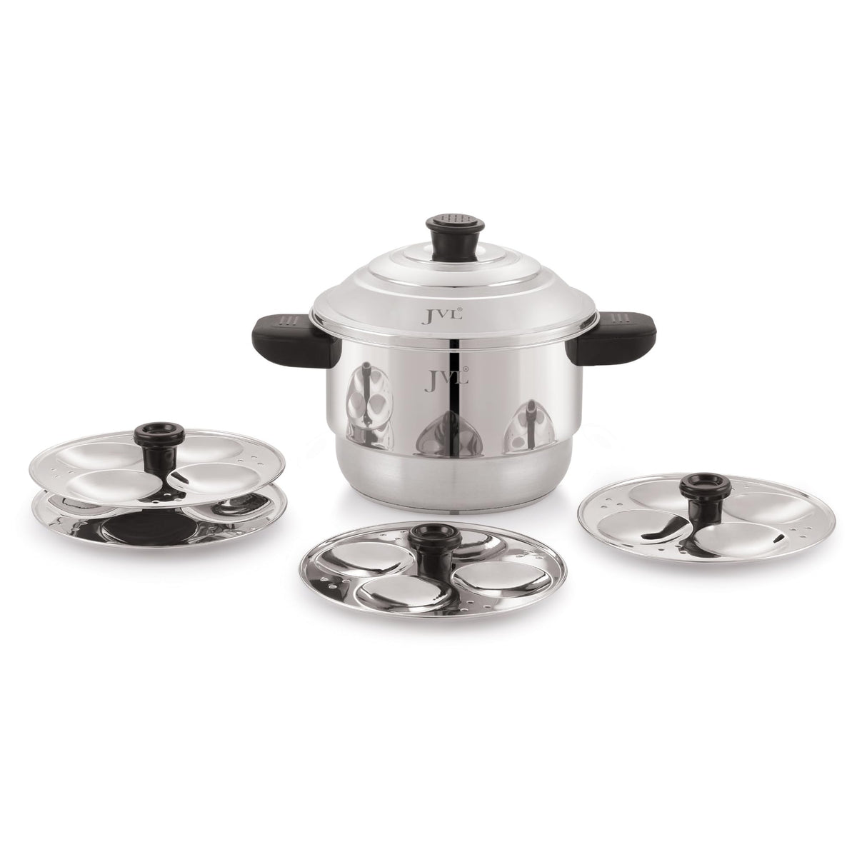 JVL Sambar Idly Maker with Triply Base and 4 Mini Idly Plates Stainless Steel