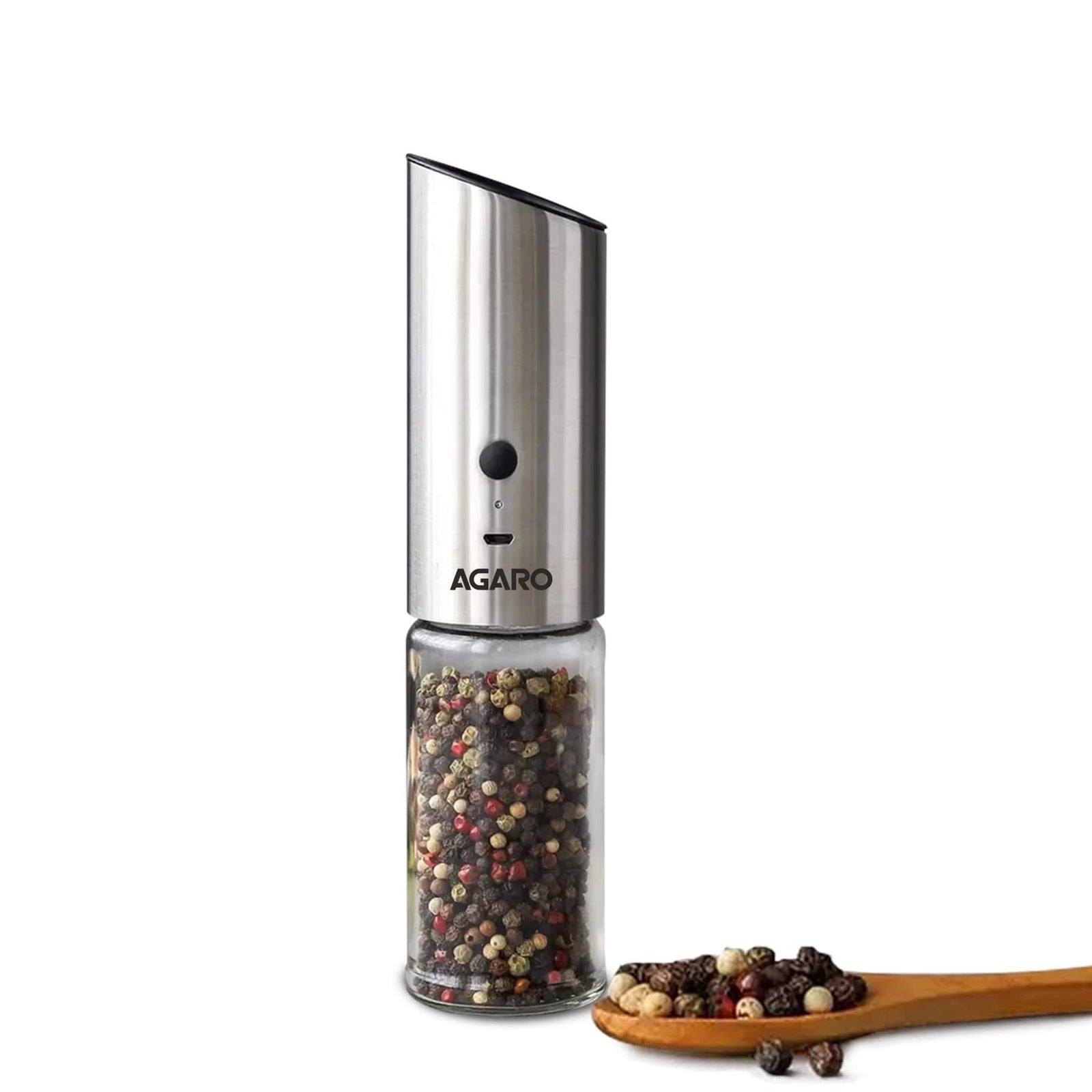 Agaro pepper grinder with multicolored peppercorns and a wooden spoon on a white background
