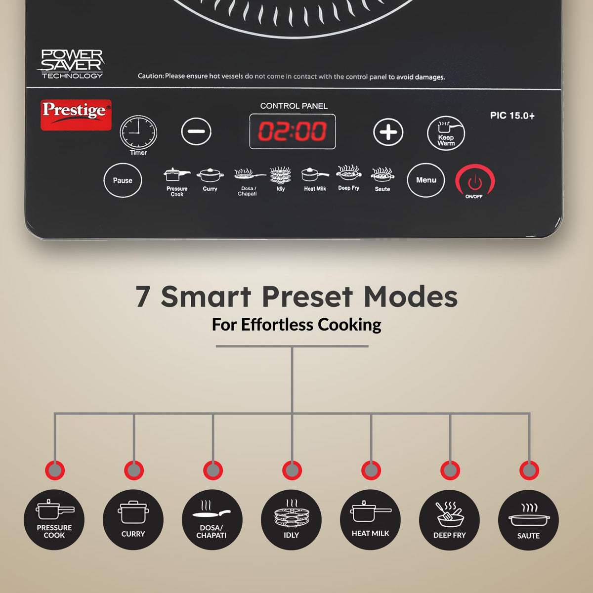 Black Prestige induction cooktop with 7 preset Indian menu options
