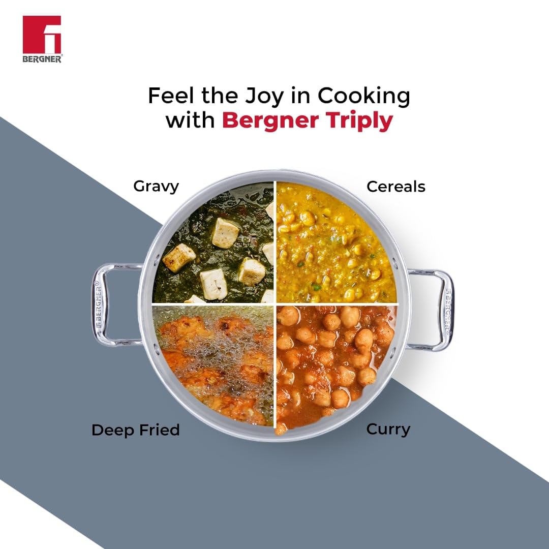 Bergner Argent Triply Deep Kadai, Stainless Steel Lid, For Sauté/Deep Fry/Gravy/Stir Fry/Steam, Heat Resistant Handles, Multi-Layered Mirror Finish, Induction & Gas Ready, 5-Year Warranty