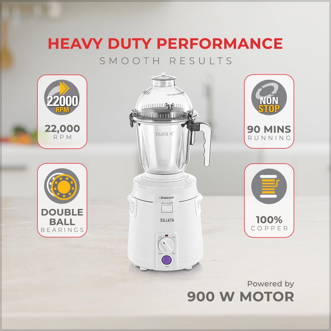 Sujata Dynamix 900W mixer grinder in white with 1.5L dome jar, 1L grinding jar and 500ml chutney jar