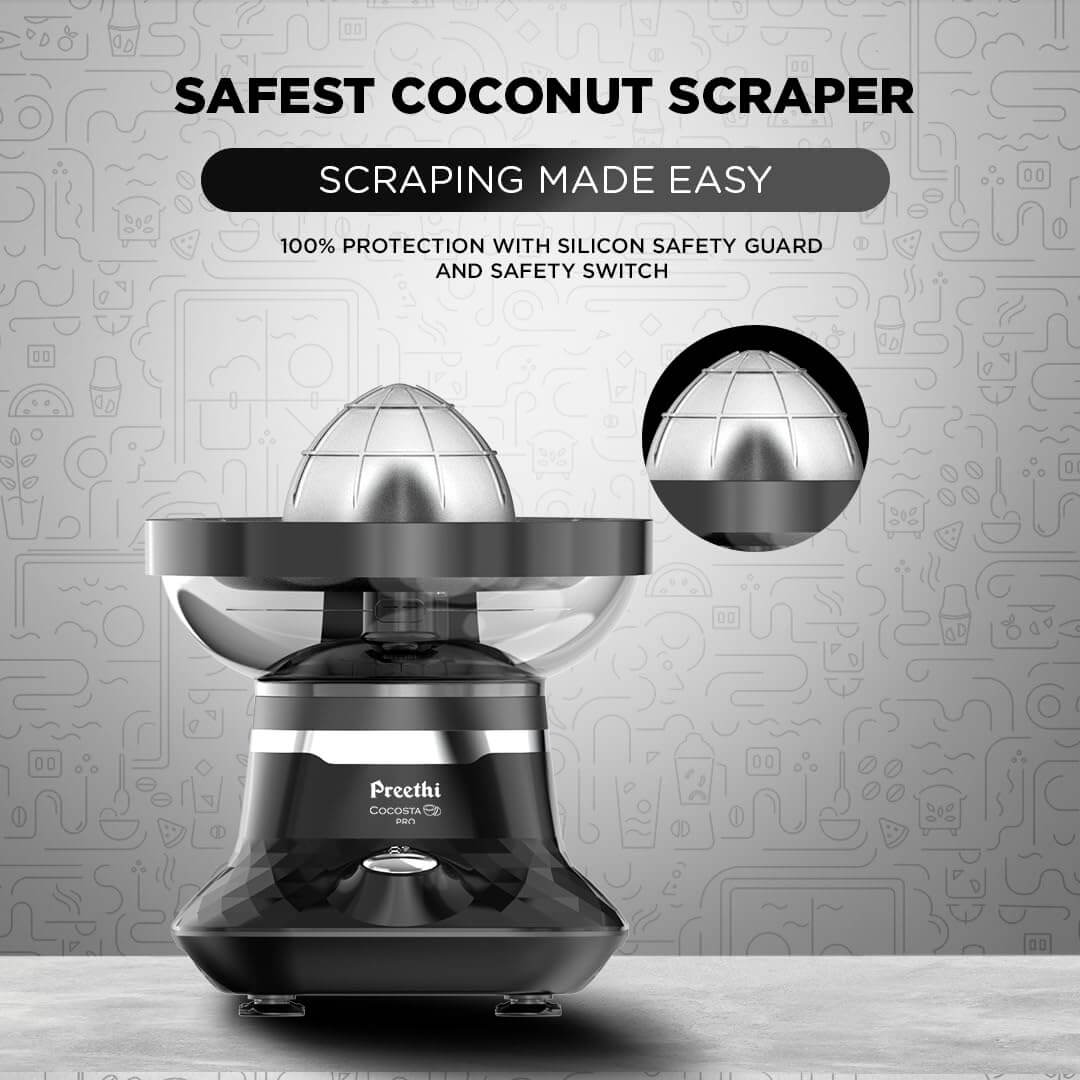 Cocosta Pro coconut scraper with spillage-free collection bowl and blunt blades