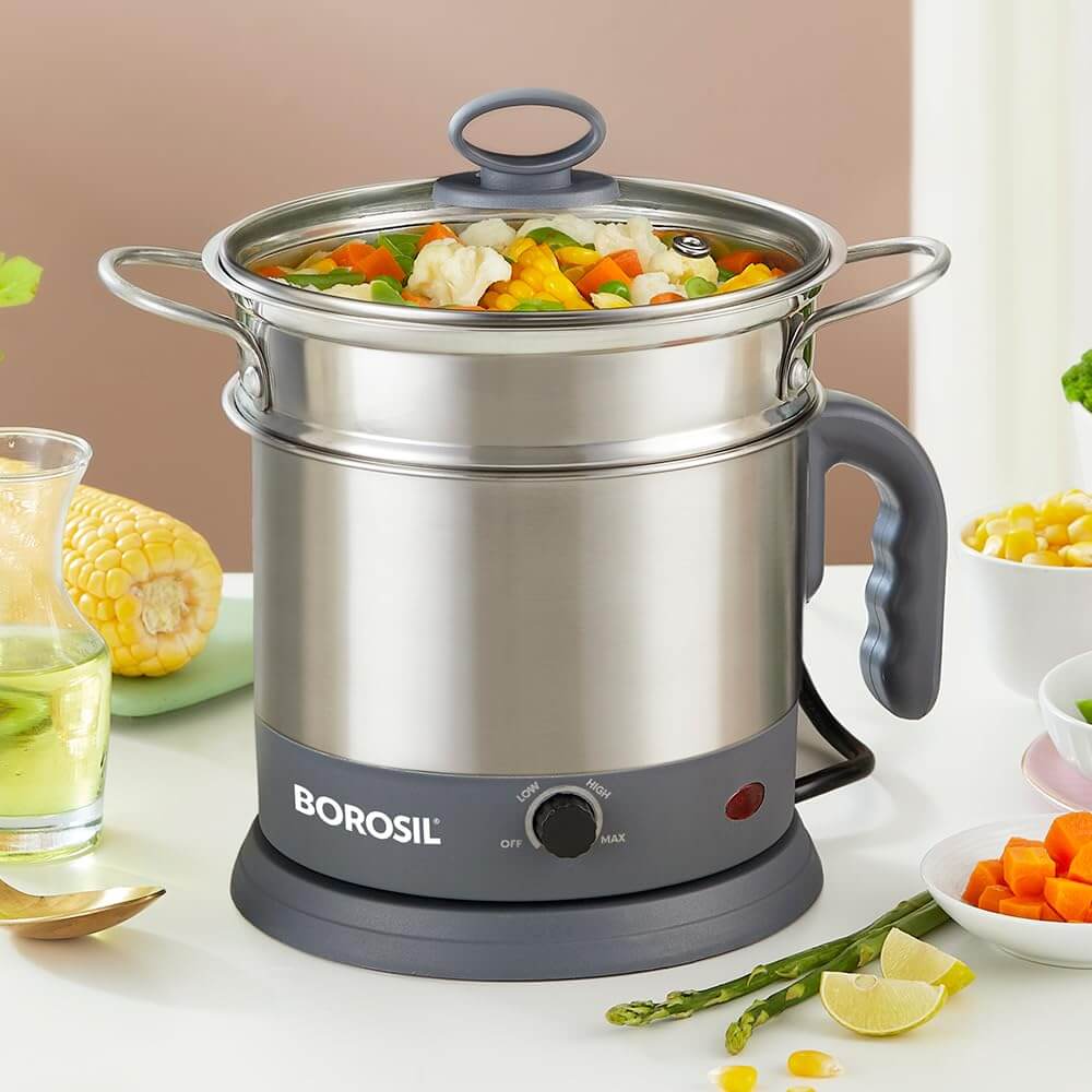 Borosil 1.3L Electric Multi Kettle with egg tray and idli stand, stainless steel finish