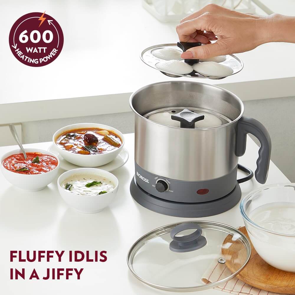 Stainless steel Borosil Electric Multi Kettle with 360° rotating base and accessories