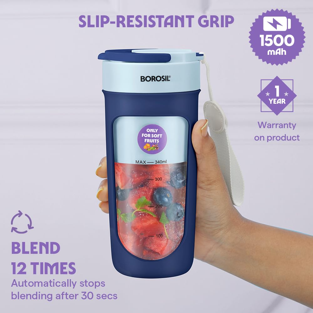 Blue Borosil portable USB blender for protein shakes and fruit smoothies