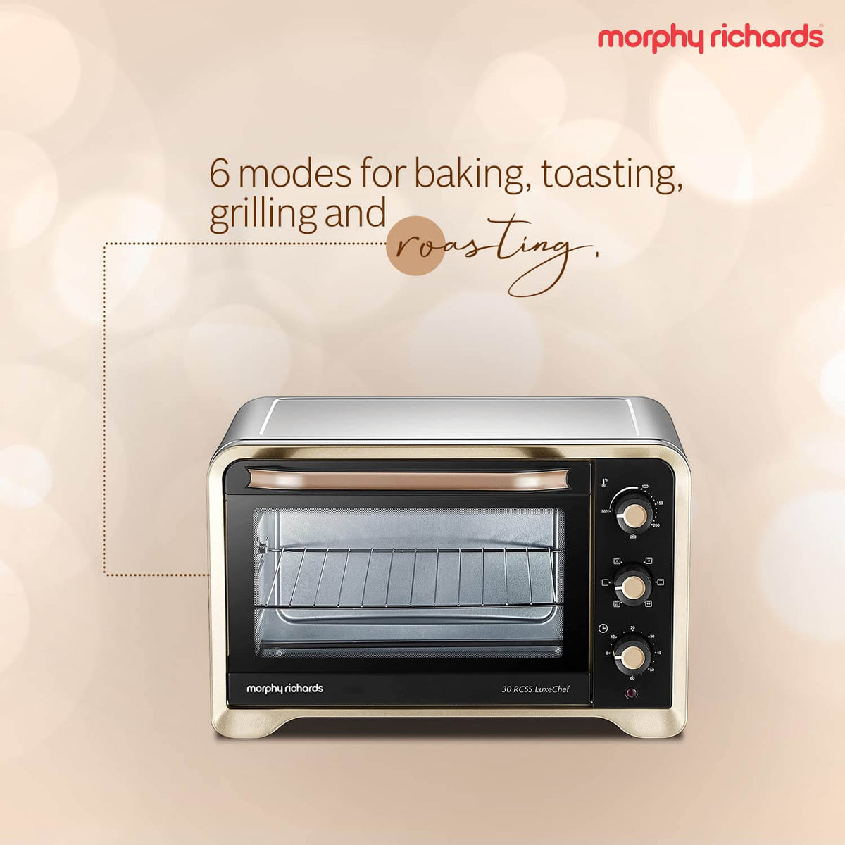 Professional gold and black OTG convection oven with illuminated interior and 6 cooking modes