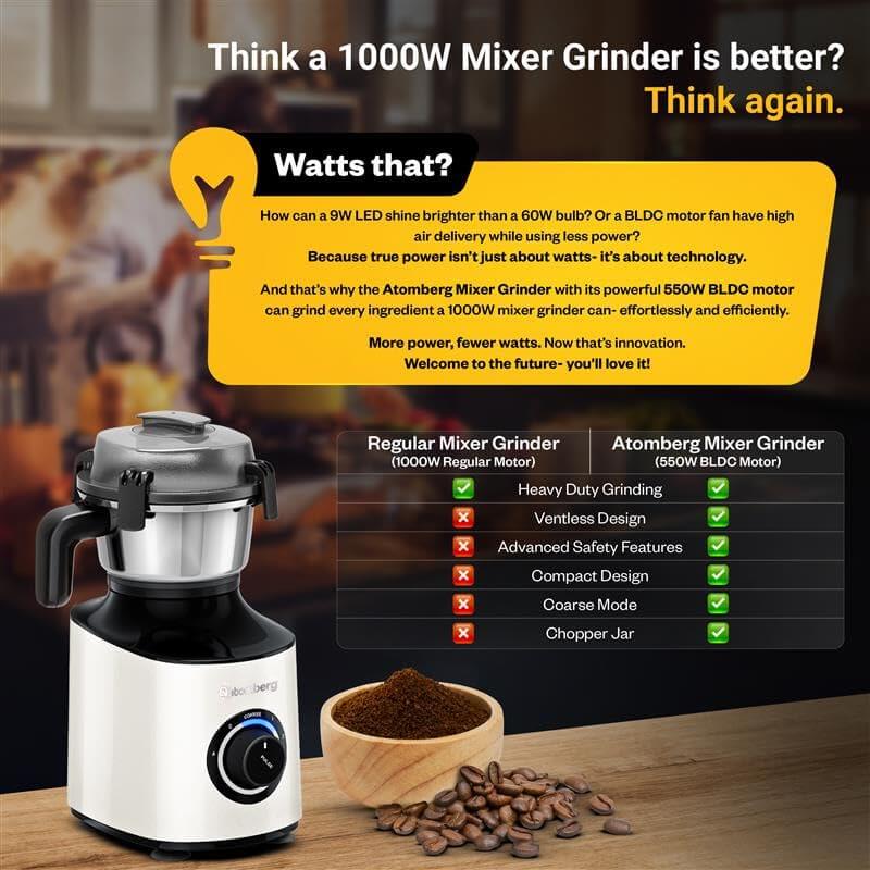 Atomberg 550W Mixer Grinder showcasing advanced technology and features for efficient grinding and blending.