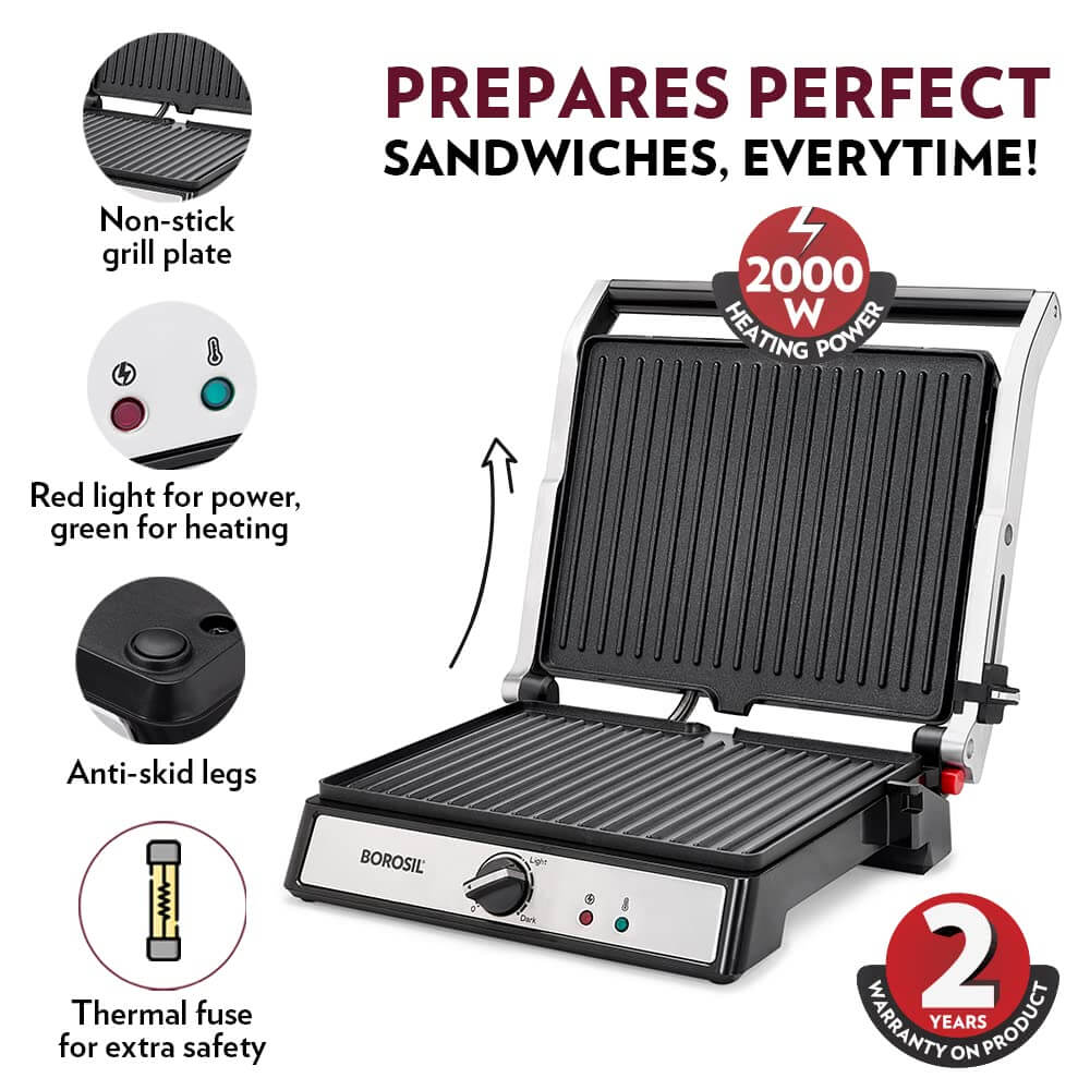 Borosil Super Jumbo 4-Sandwich Grill Maker, 2000W non-stick electric toaster for perfect sandwiches.