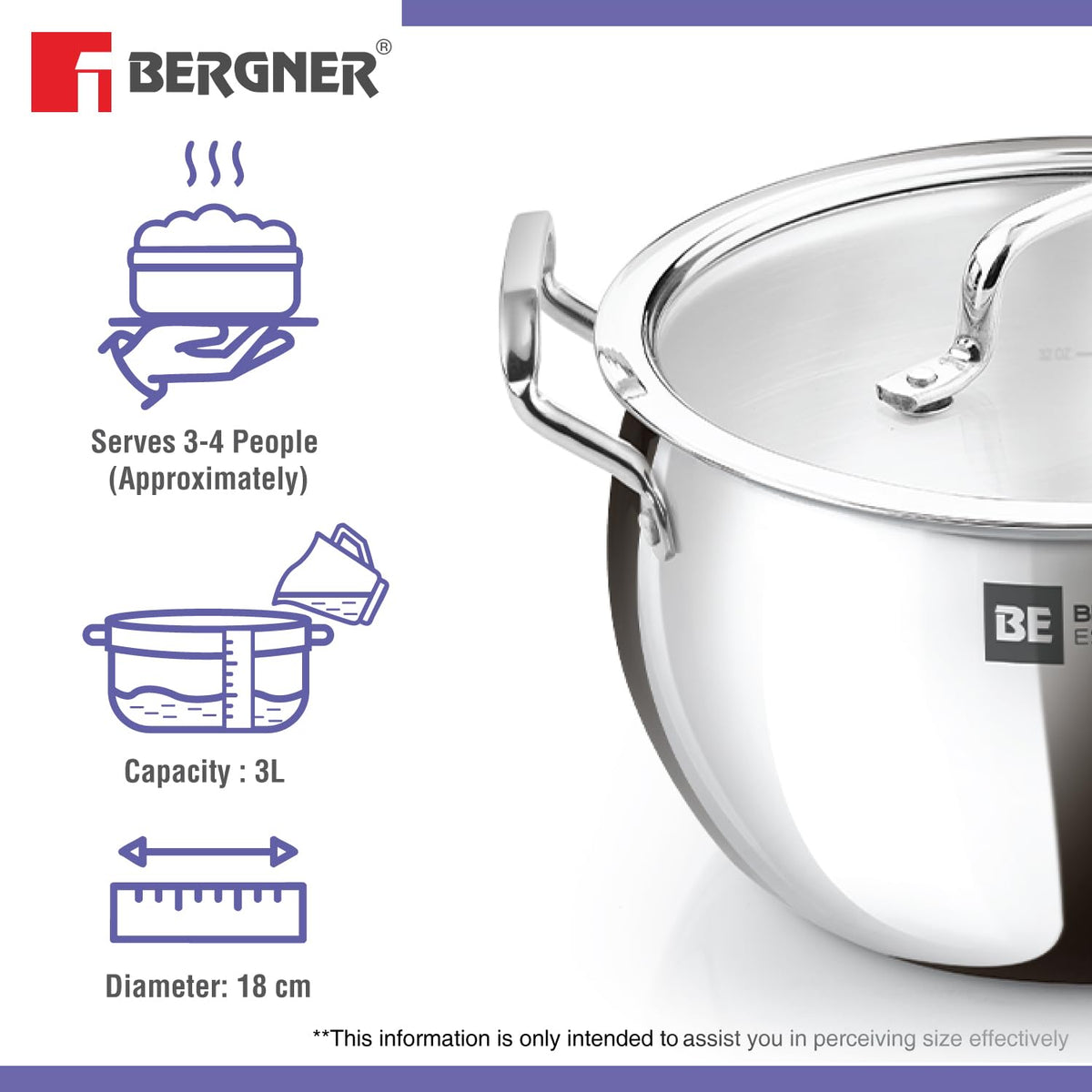 Bergner Essentials Tri-Ply Stainless Steel Rice Handi with Lid, Small, Induction & Gas Ready, 5-Year Warranty