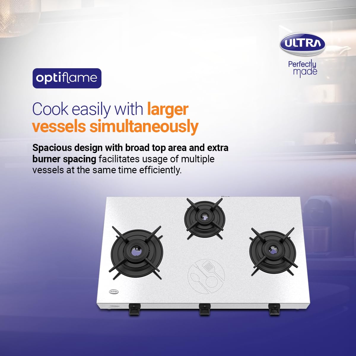 Ultra Optiflame SS Gas Stove with 3 Forged Brass Burners, 10-Year Warranty