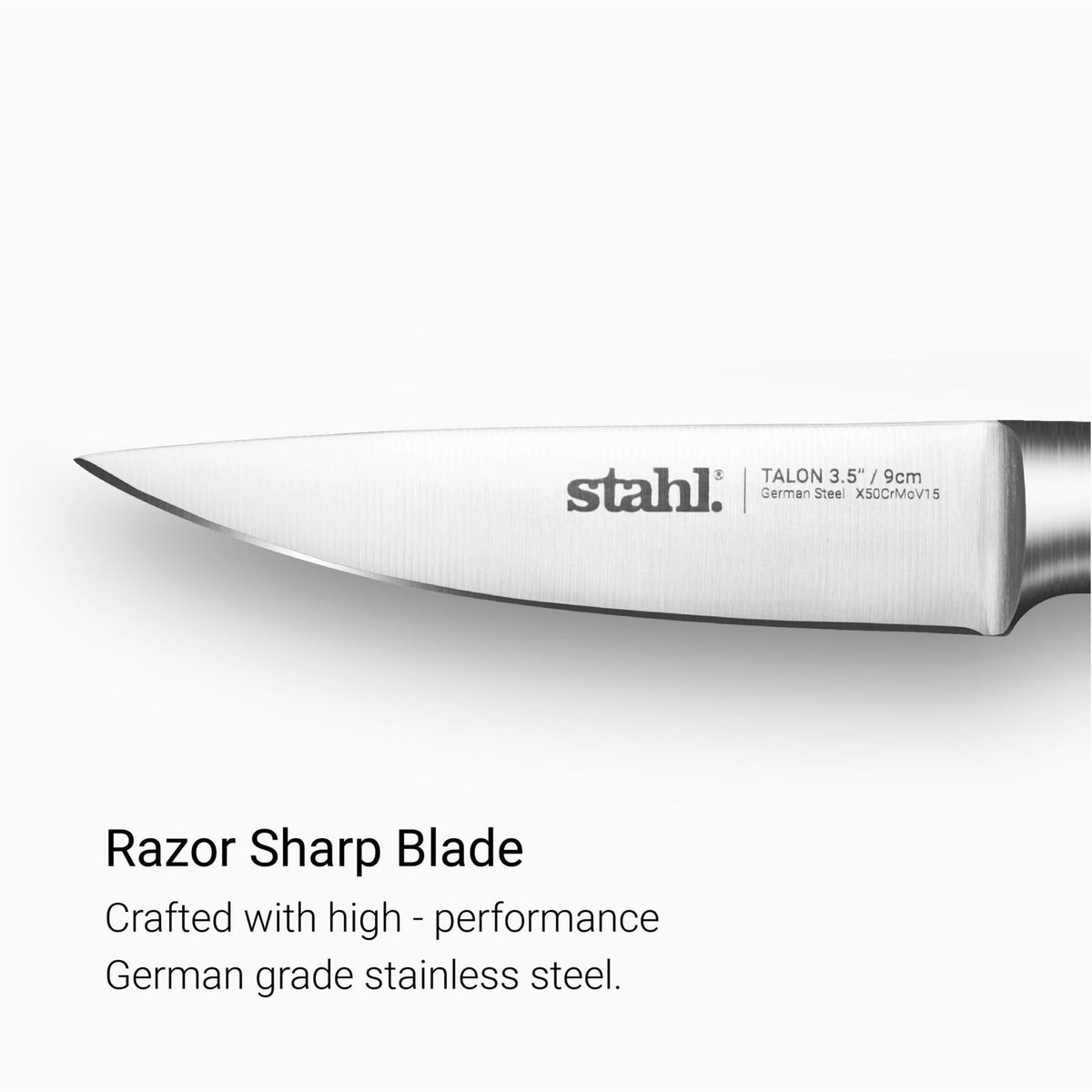 Stahl Talon 3.5 inch paring knife full view showing fine-tipped blade and sculpted walnut handle
