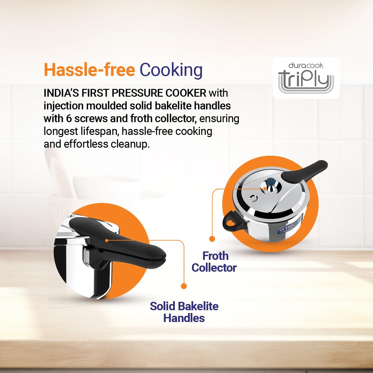 Ultra Duracook Triply Pressure Cooker, Food Grade SS 304, Induction Compatible, 5-Year Warranty