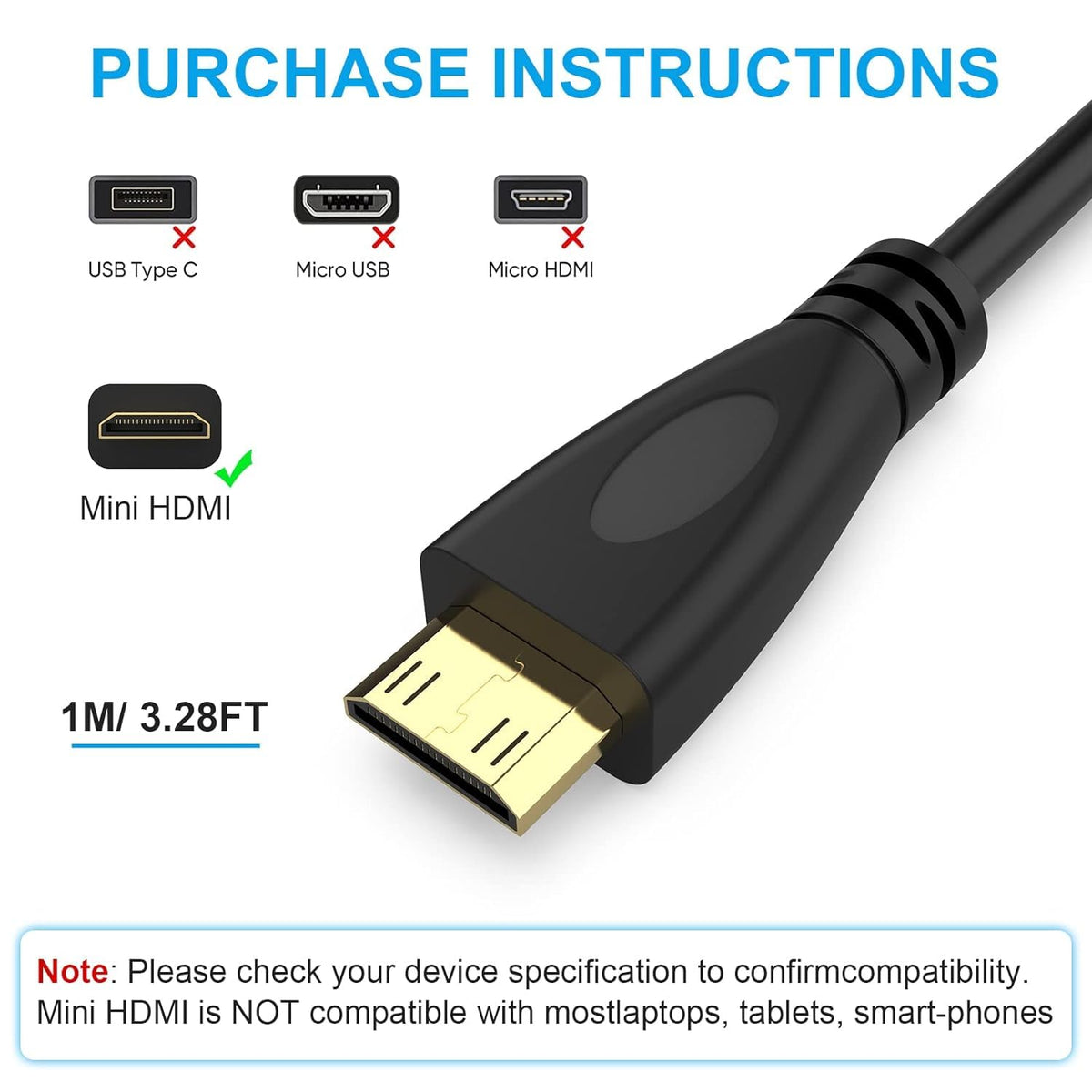 XIKKART Mini HDMI To HDMI Cable | 1.5 Meter | High Speed 4K Cable, (NOT MICRO USB/MICRO HDMI) | Male To Male | Compatible For Monitor, Tablet, Laptop, Television, Projector, Hdtv, Dslr, Camera