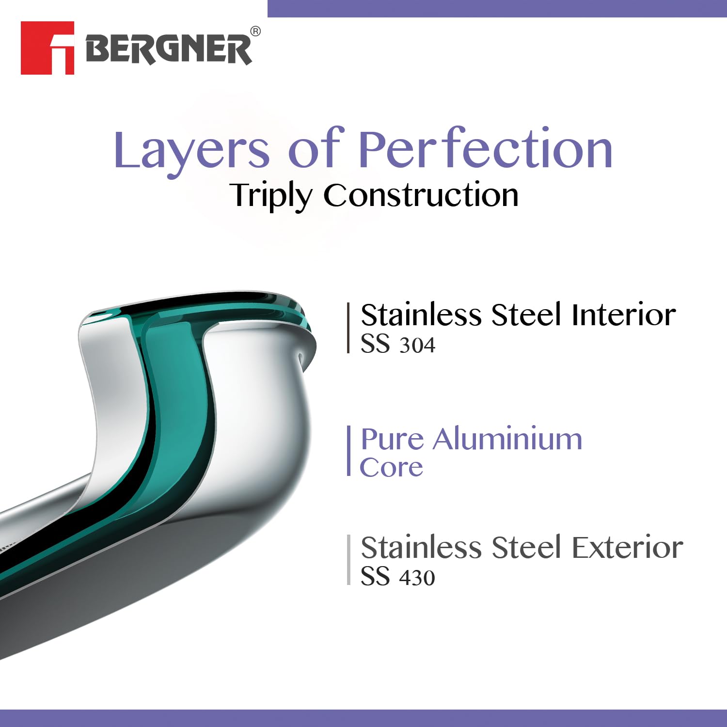 Bergner Essentials Tri-Ply Stainless Steel Rice Handi with Lid, Small, Induction & Gas Ready, 5-Year Warranty