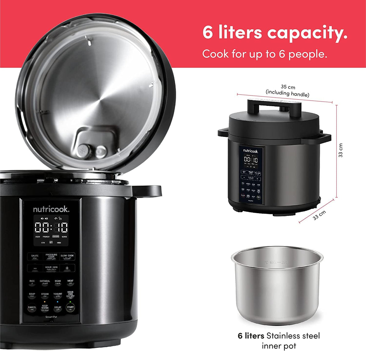 Nutricook Smart Pot 2 cooking modes showing bean, meat, pressure cook, and steam presets with cooking times