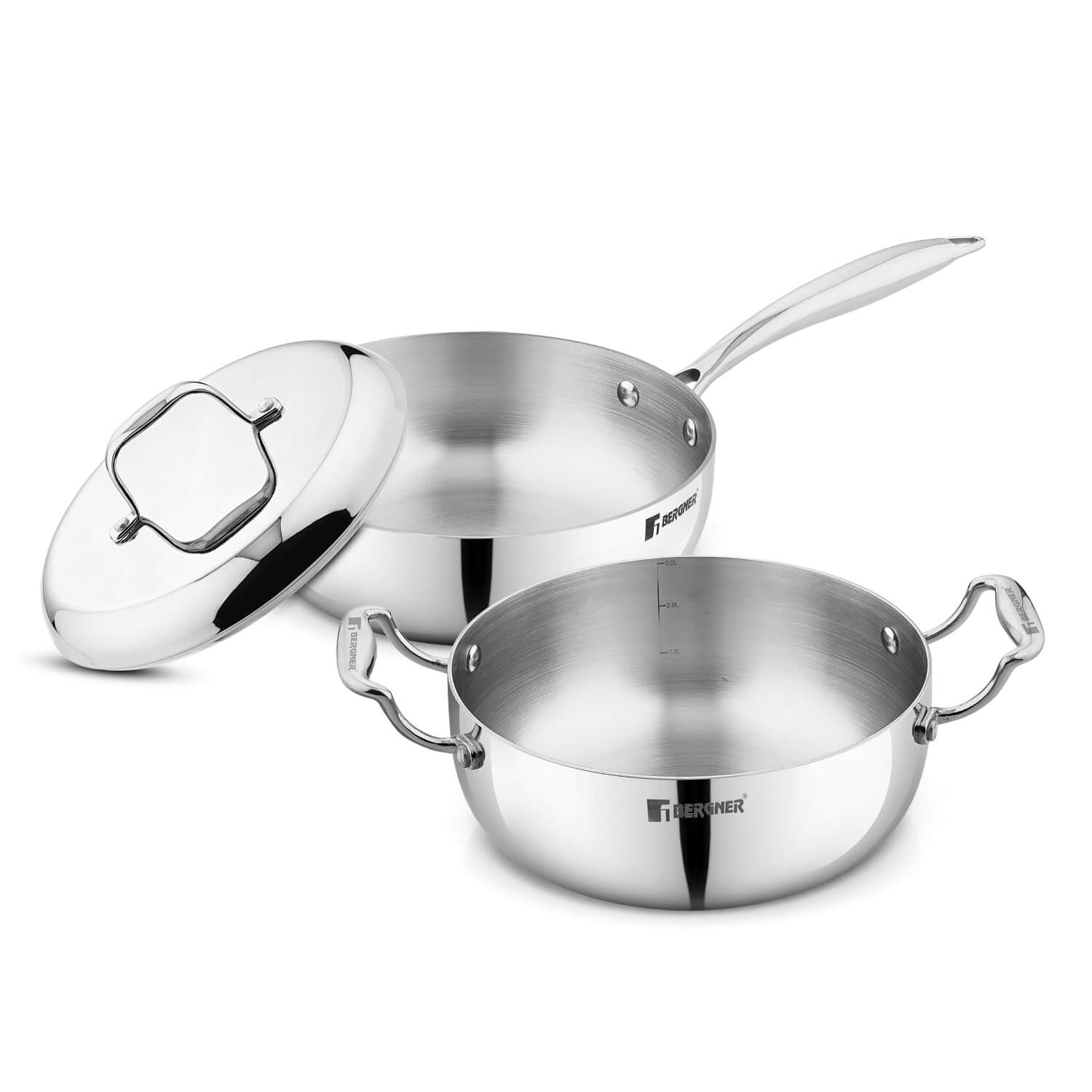 Bergner Argent Triply Cookware Set with Frypan, Casserole, and Lid
