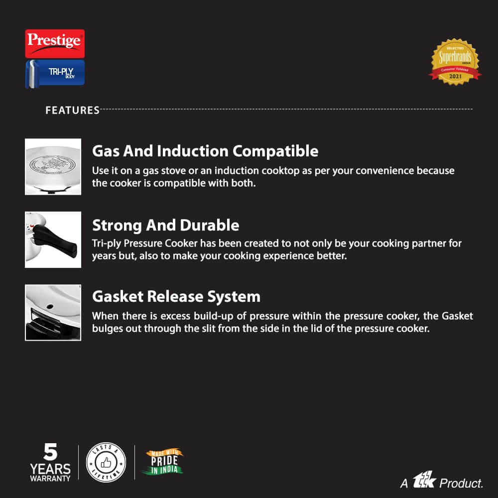 Prestige Svachh Triply Induction Base Outer Lid Pressure Cooker - Deep Lid, Spillage Control, 5-Year Warranty