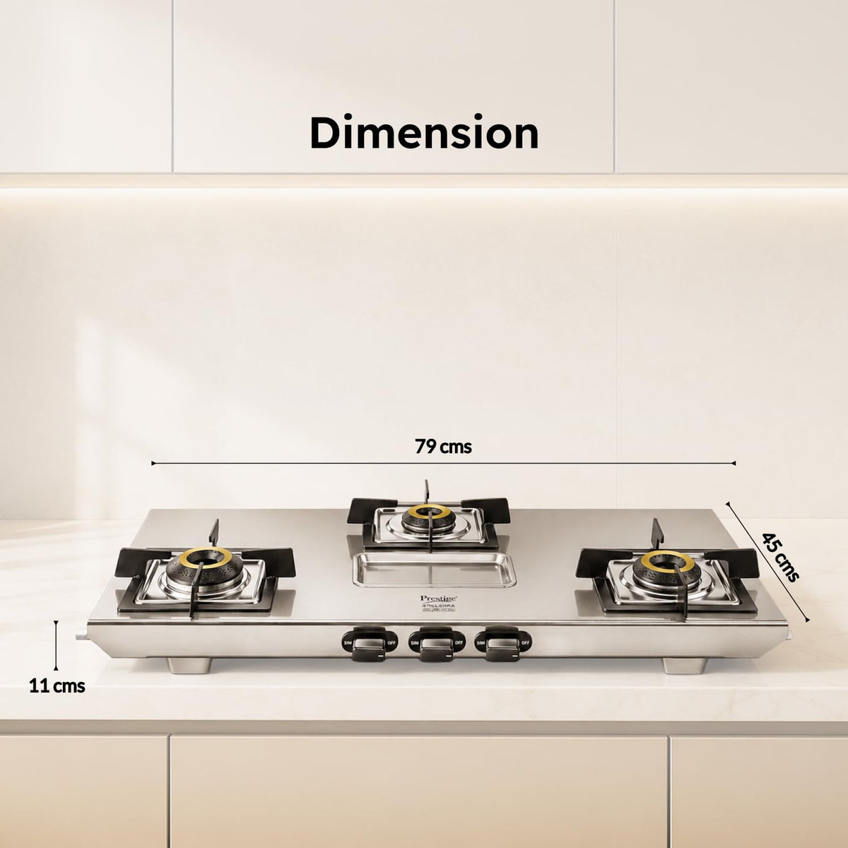 Prestige Stellora 3 burner gas stove glossy stainless steel body and metallic knobs