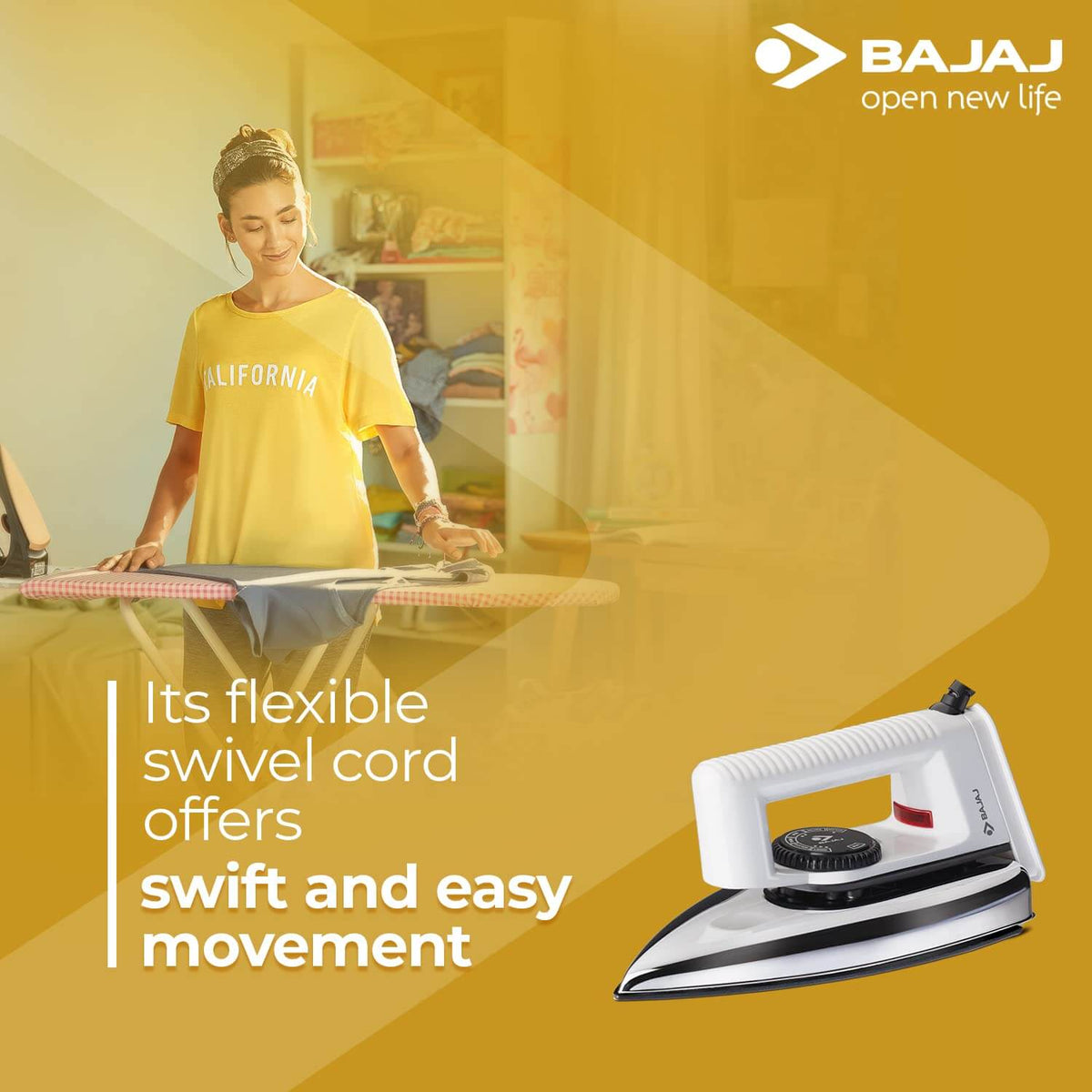 Bajaj Popular lightweight dry iron featuring 360 degree swivel cord design
