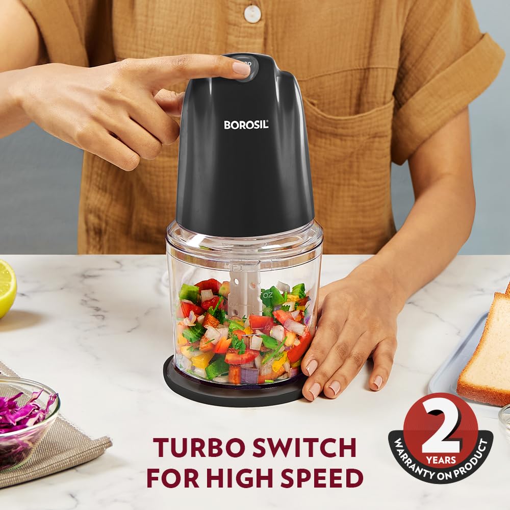 Borosil Chef Delite 260W Electric Chopper - Turbo Speed, Stainless Steel Blades