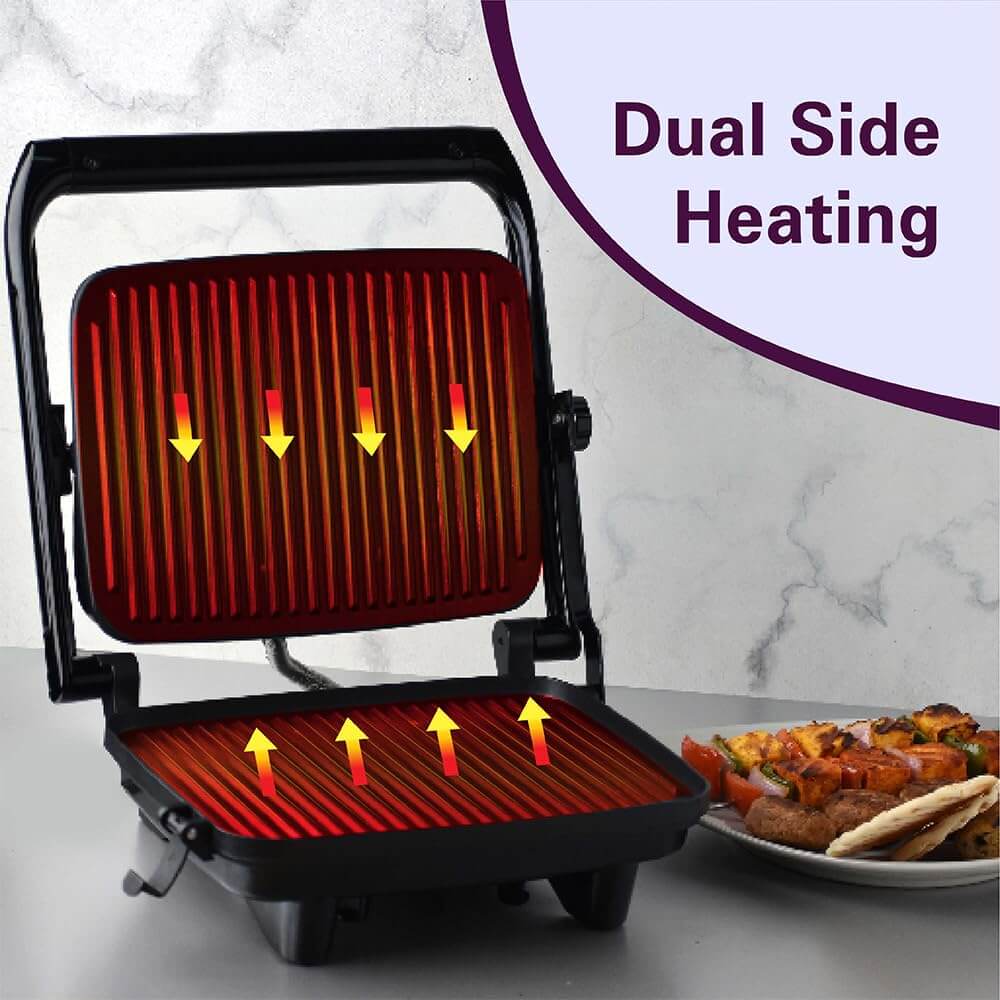 Compact sandwich maker and electric griller with included stainless steel skewers