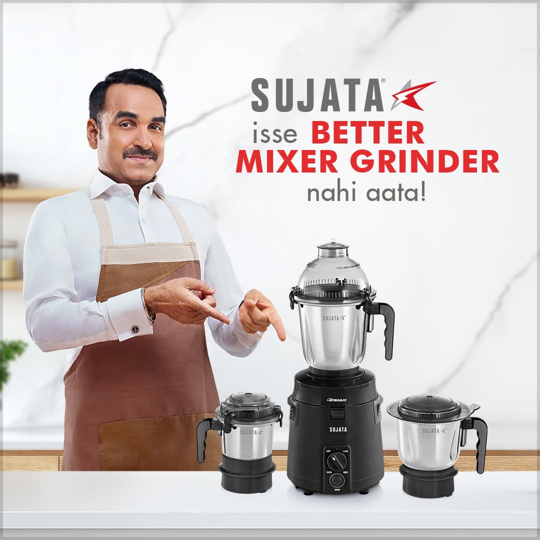 Sujata Dynamix 900W mixer grinder with 3 stainless steel jars displayed on a kitchen countertop