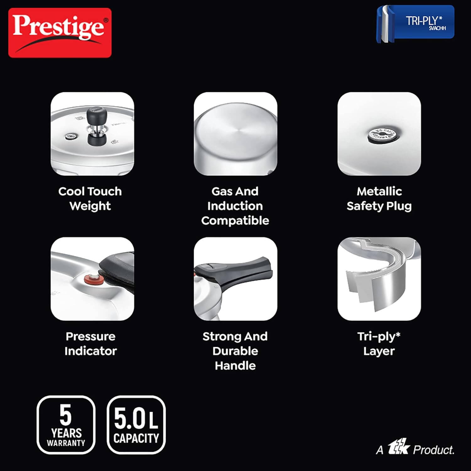 Prestige Svachh Triply Induction Base Outer Lid Pressure Cooker - Deep Lid, Spillage Control, 5-Year Warranty