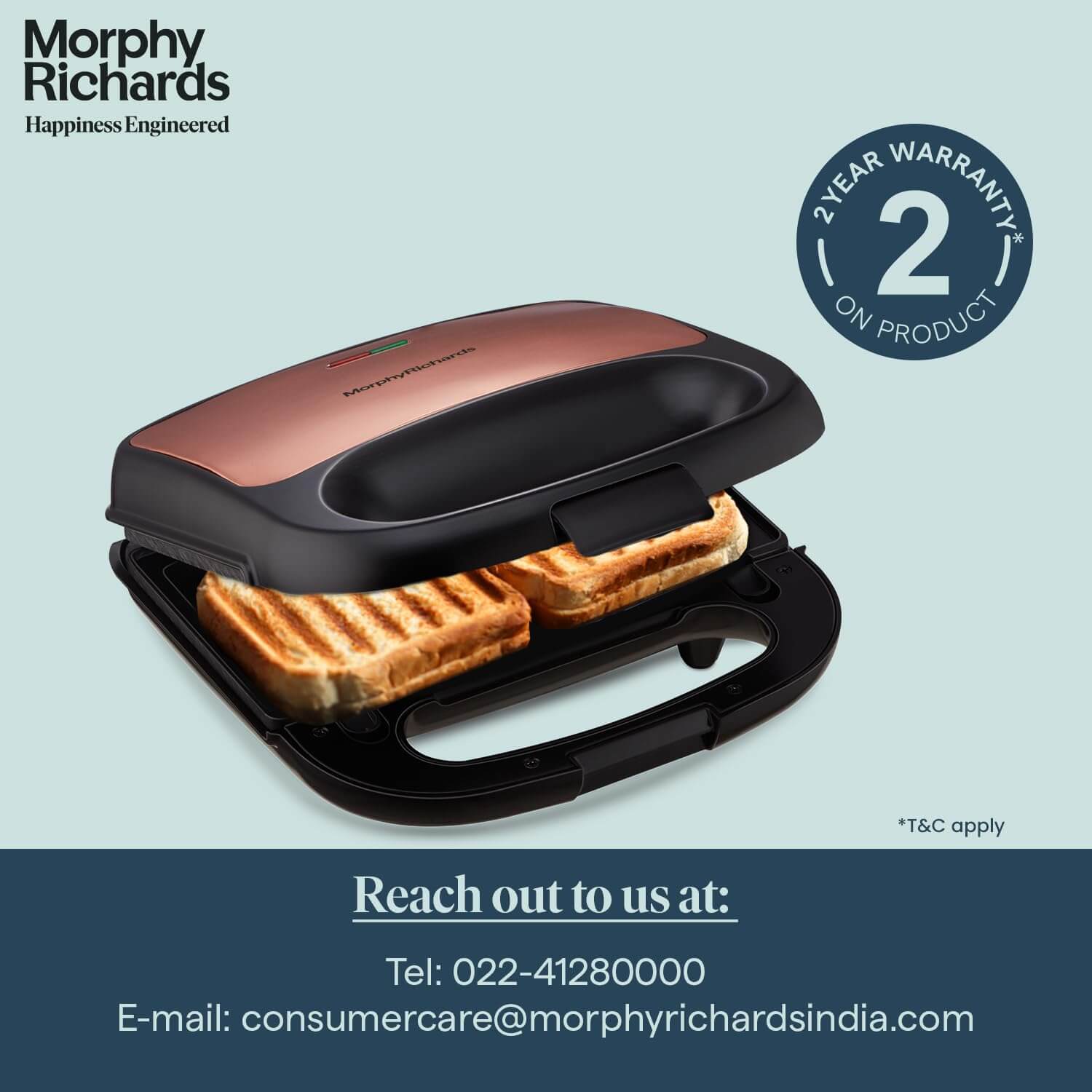 Morphy Richards 2-in-1 sandwich maker in luxe rose gold with interchangeable cooking plates for grilling and sandwich making.