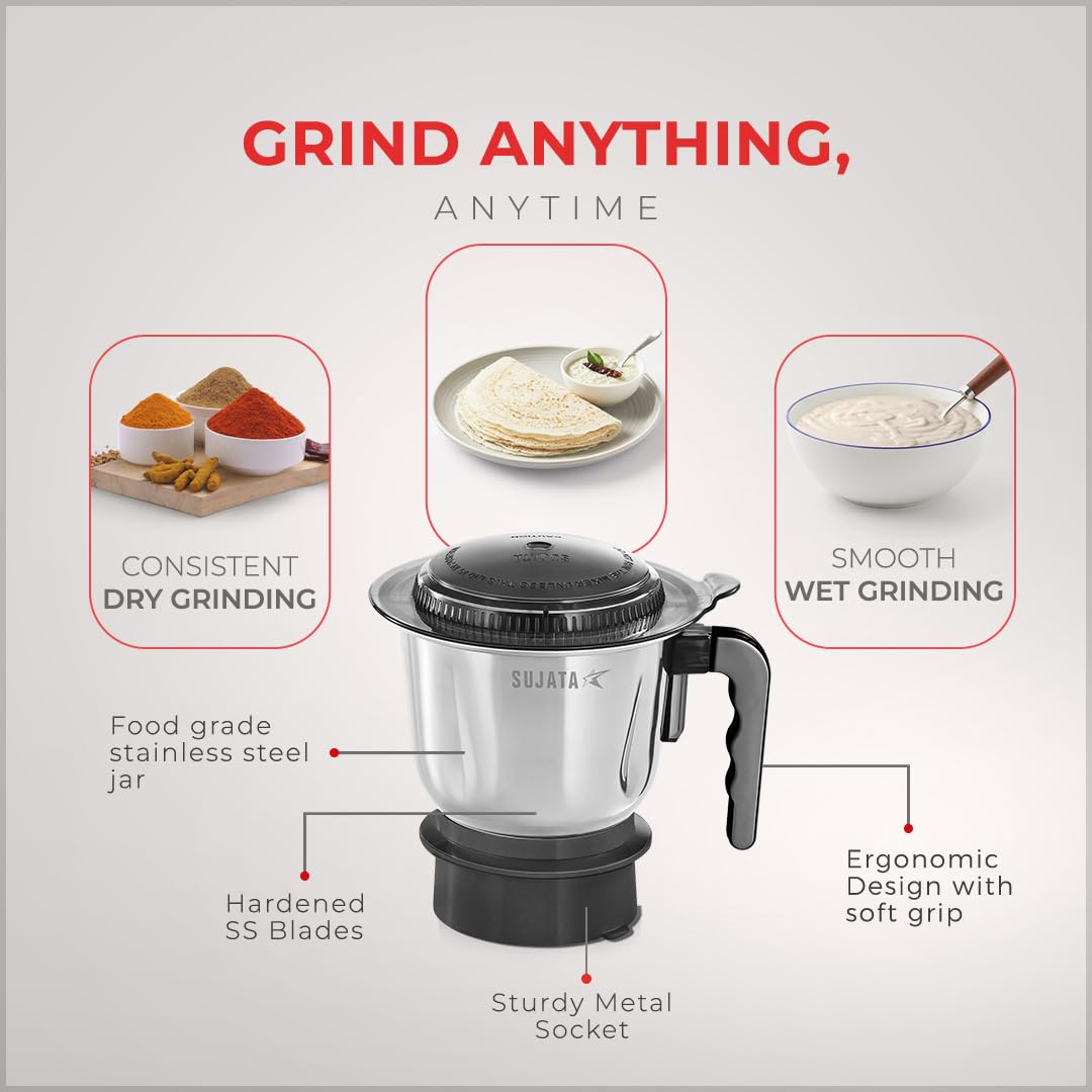 Sujata Dynamix 1 litre stainless steel grinding jar with metal socket and soft-grip handle for dry and wet grinding