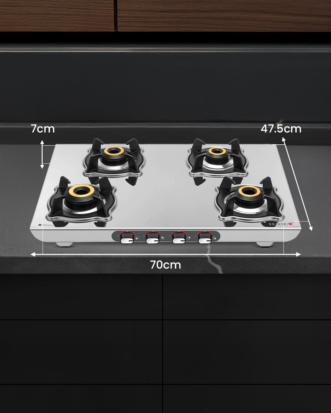 Sujata Majestic 4 burner gas stove with stainless steel body and brass burners
