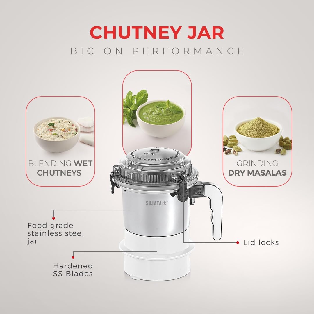 Sujata Dynamix 500 ml stainless steel chutney jar with lid lock and hardened blades for wet chutneys and dry masalas