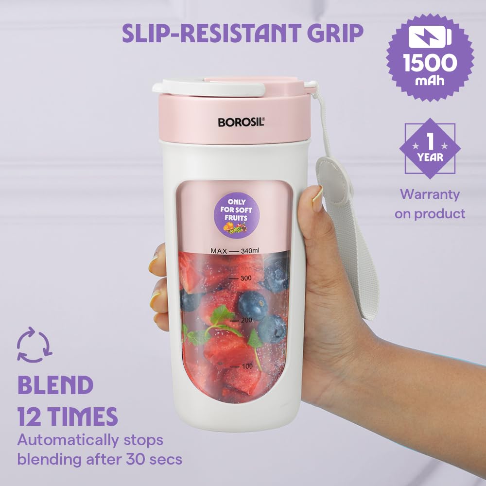 Borosil NutriSip Pink 40W DC motor cordless blender 340ml polycarbonate jar