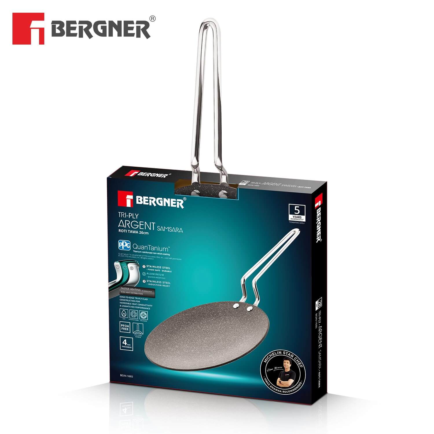 Bergner Argent Samsara 26cm Triply Steel Roti Tawa with premium non-stick coating on white background