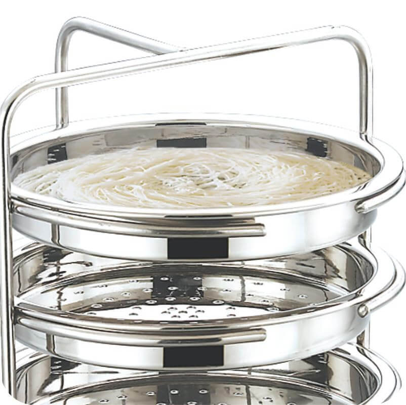 JVL stainless steel idly maker set with three stacked steaming plates for thatte idli and idiyappam preparation.