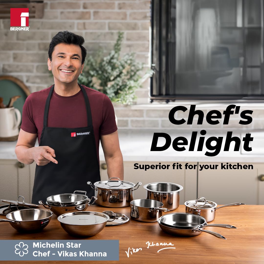 Bergner Argent Triply Deep Kadai, Stainless Steel Lid, For Sauté/Deep Fry/Gravy/Stir Fry/Steam, Heat Resistant Handles, Multi-Layered Mirror Finish, Induction & Gas Ready, 5-Year Warranty