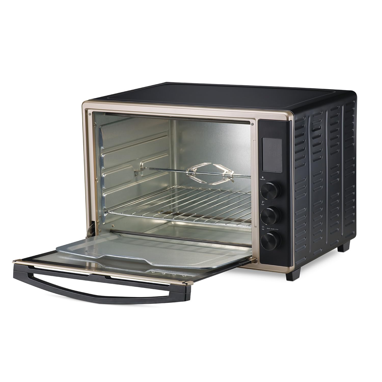 Front view of Morphy Richards Digital OTG baking vegetable pizza with heating elements on, displaying temperature 160°C and timer 100 minutes on digital panel