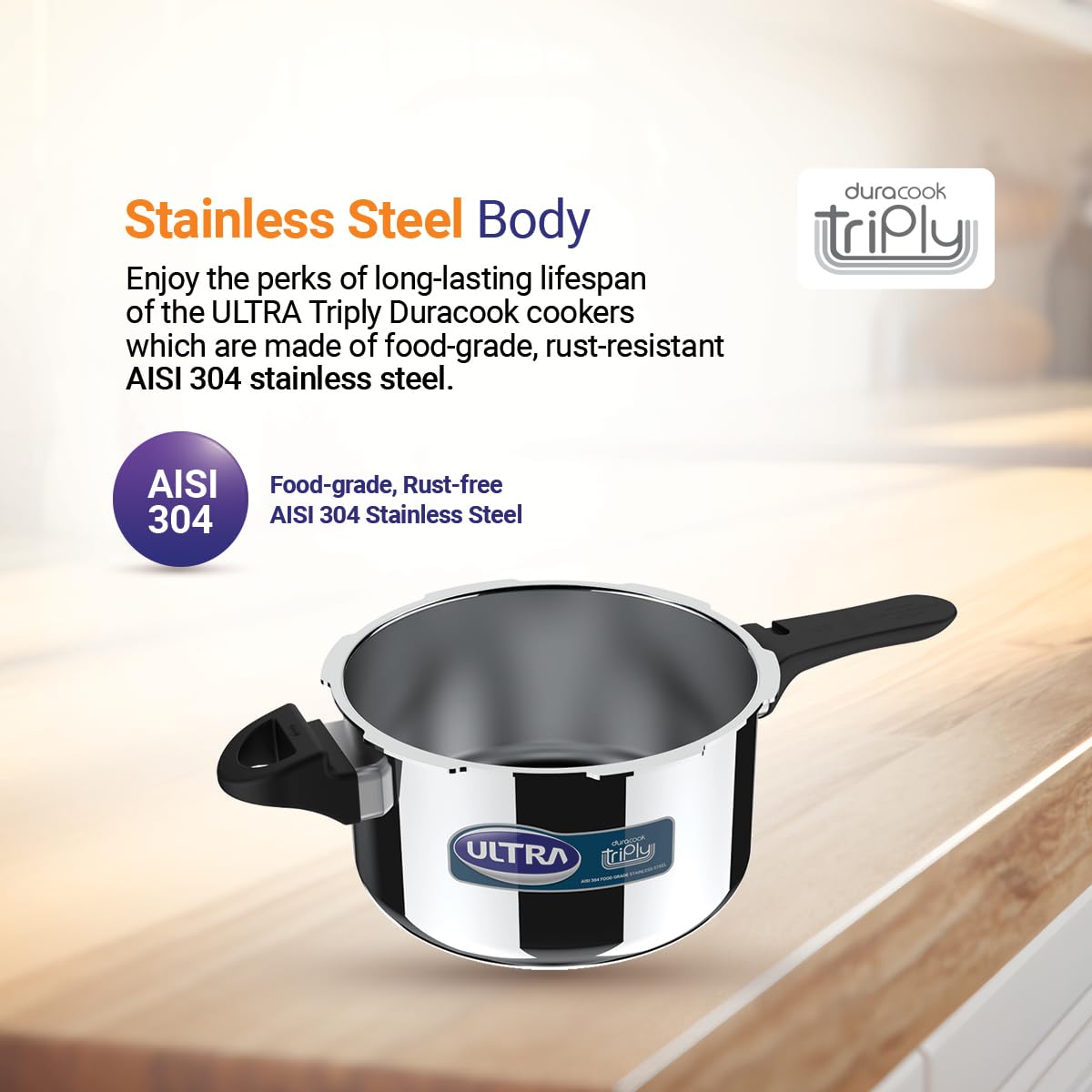 Ultra Duracook Triply Pressure Cooker, Food Grade SS 304, Induction Compatible, 5-Year Warranty