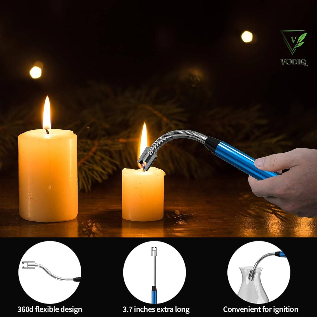 Arc lighter with flexible neck igniting candles, showcasing windproof design and 360° maneuverability for safe use.