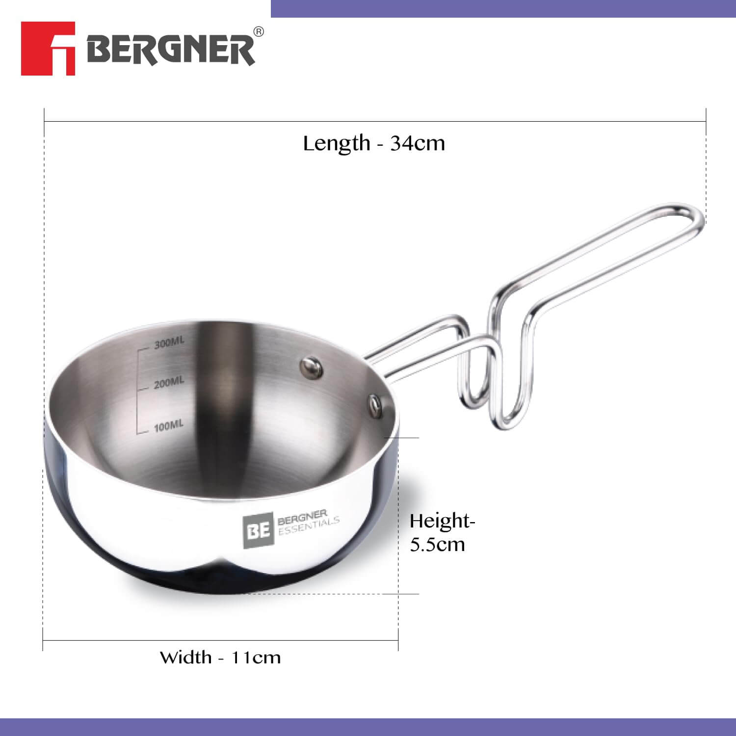 Bergner Essentials tri-ply stainless steel tadka pan, 10cm, perfect for seasoning with 300ml capacity.