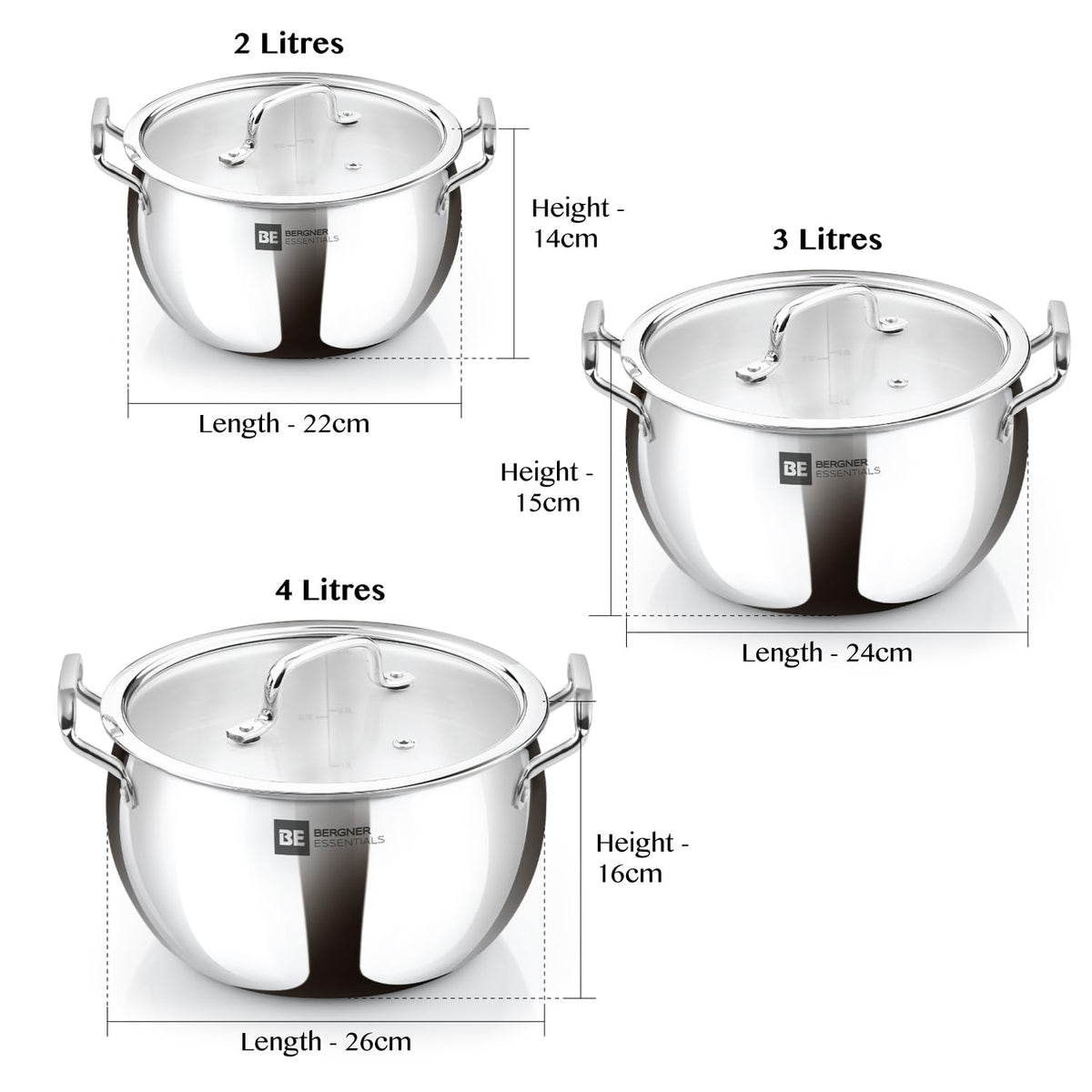 Bergner Essentials Tri-Ply Stainless Steel Rice Handi with Lid, Small, Induction & Gas Ready, 5-Year Warranty