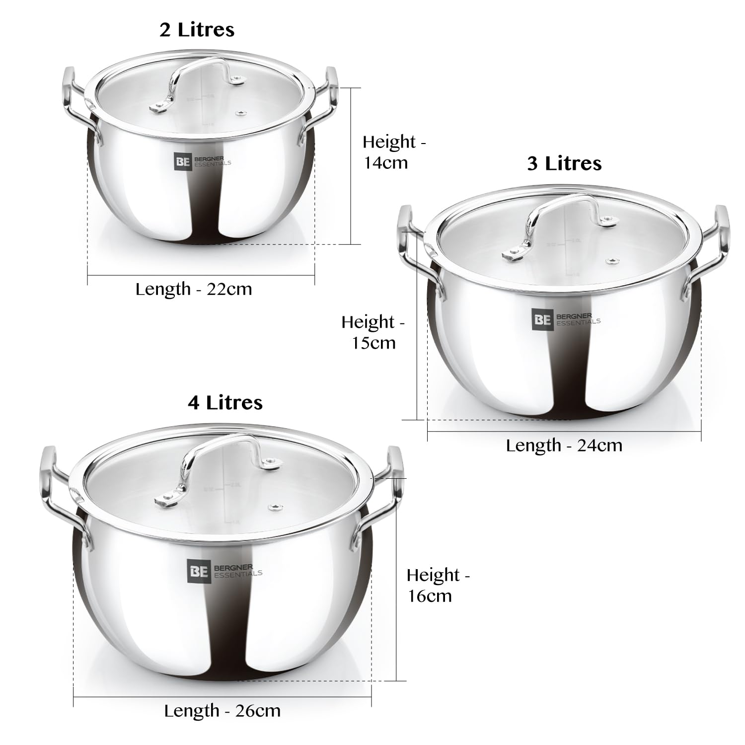 Bergner Essentials Tri-Ply Stainless Steel Rice Handi with Lid, Small, Induction & Gas Ready, 5-Year Warranty