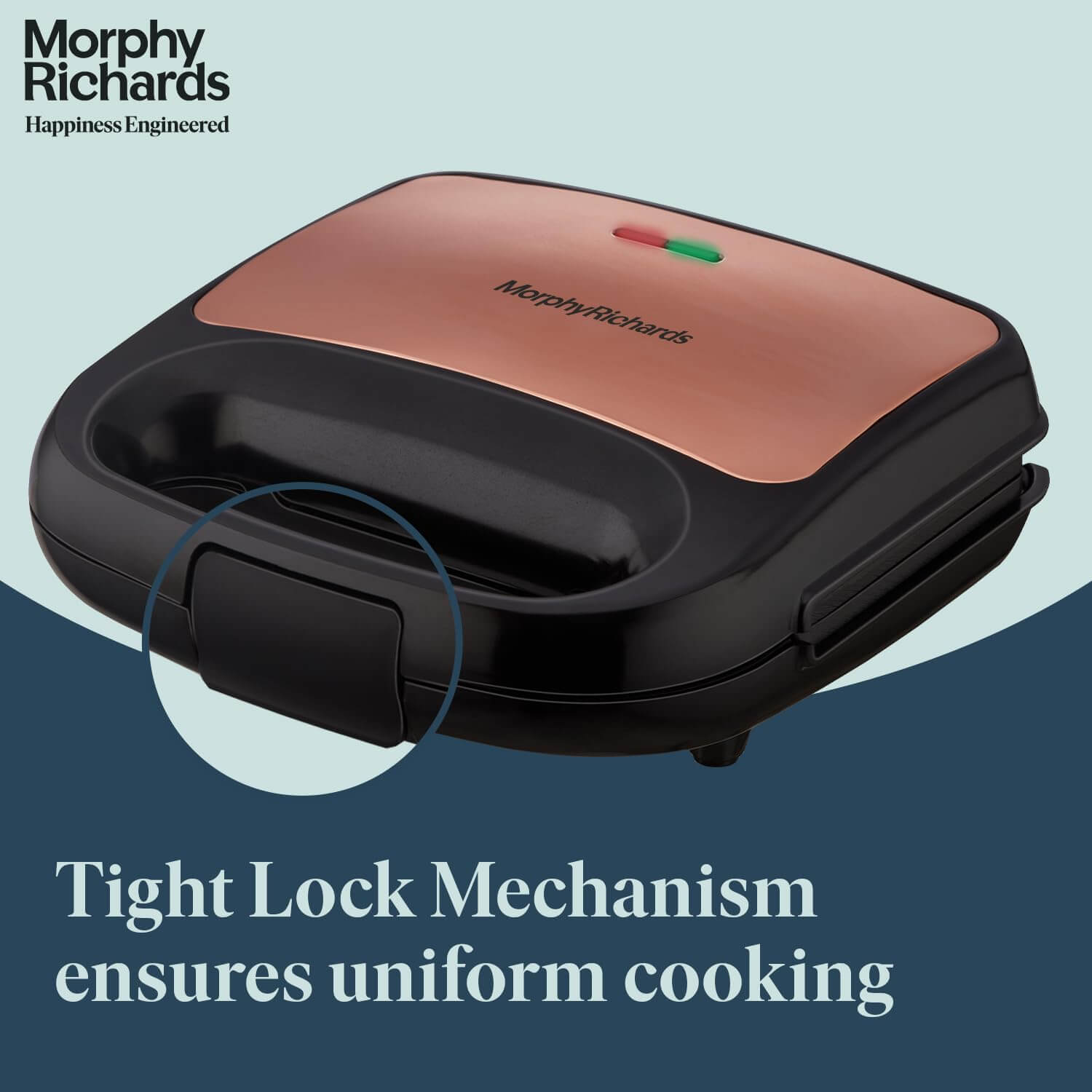 Morphy Richards 2-in-1 Sandwich Maker with Luxe Rose Gold finish and tight lock mechanism for uniform cooking.