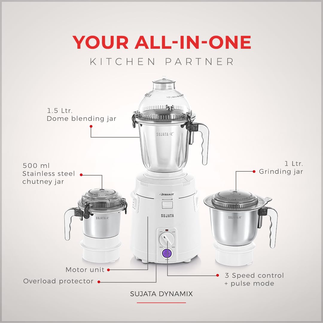 Sujata Dynamix 900W mixer grinder parts: 1.5L dome jar, 1L grinding jar, 500ml chutney jar, 3-speed control