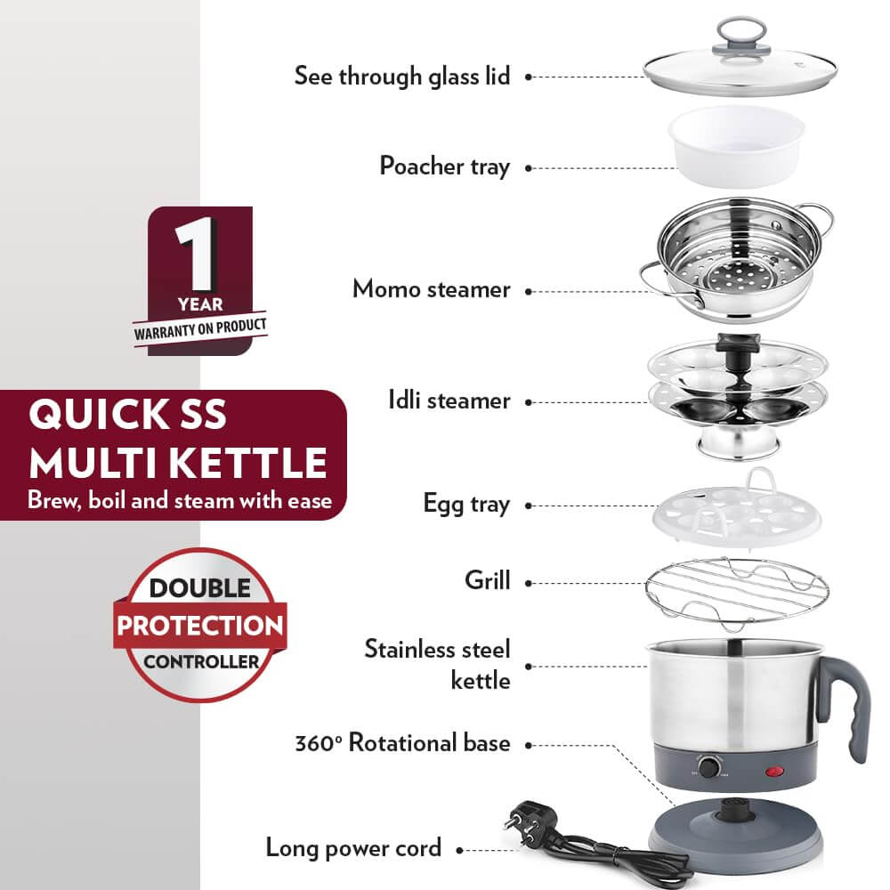 Borosil 1.3L Multi-purpose Electric Kettle ideal for eggs, idlis and steaming