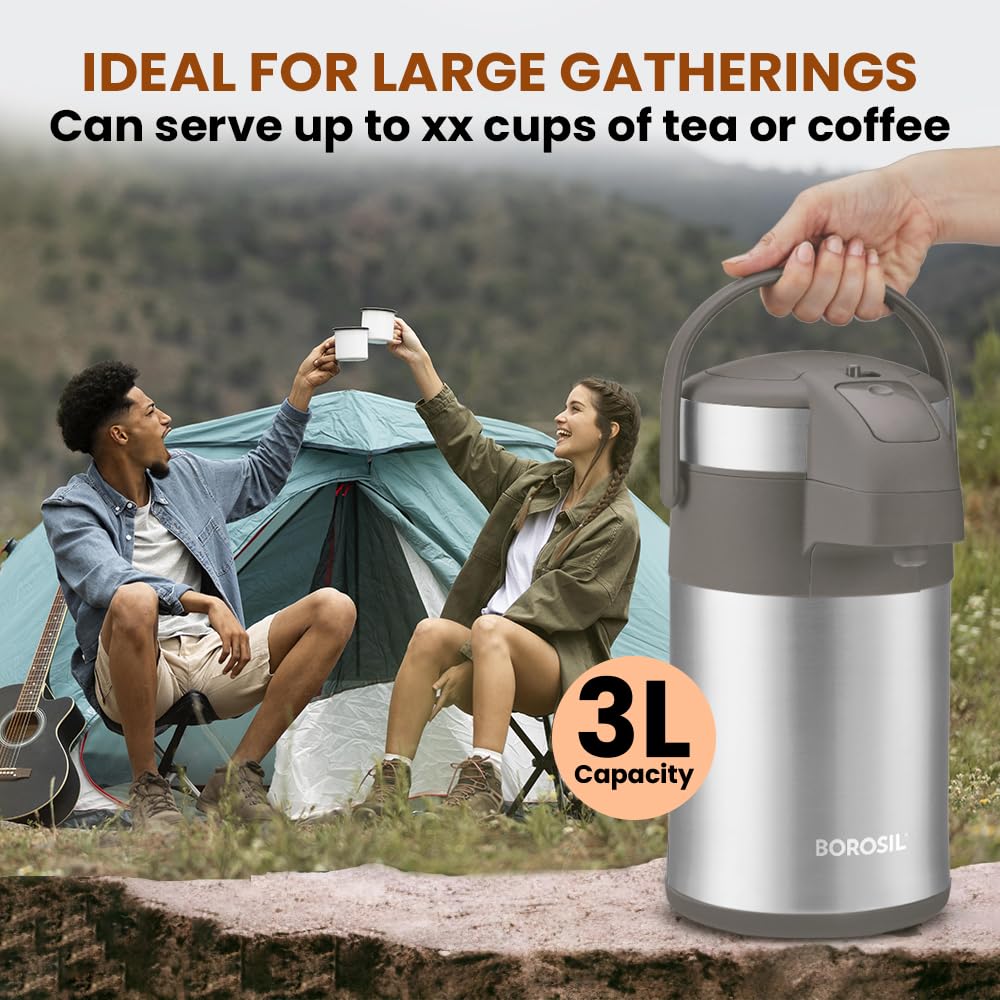 Borosil Hydra Airpot 3 L Stainless Steel Vacuum Insulated Beverage Dispenser with Handle, Pump, 360° Rotation Mechanism & Safety Lock, Leak Proof 24 Hrs Hot & Cold Tea/Coffee Serving Thermos Flask